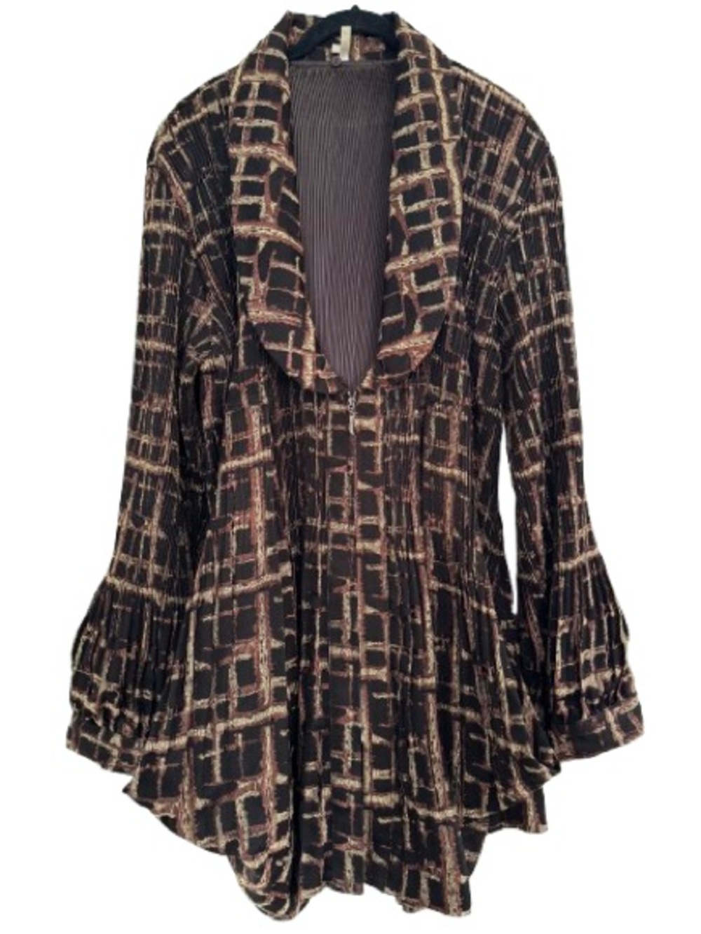 Lindi Plissé Pleated Geometric Jacket Abstract Artsy Lagenlook Brown Gold